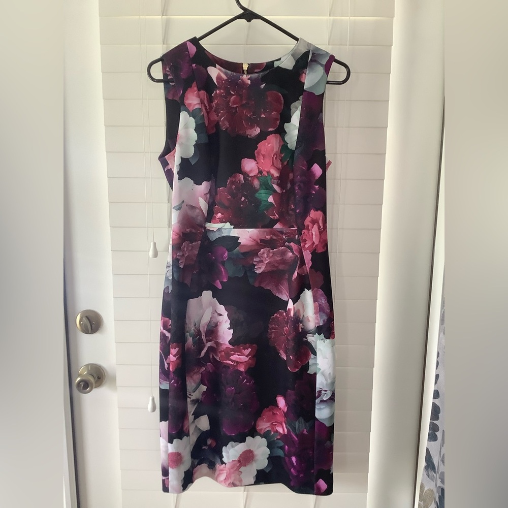 Calvin Klein Purple Floral Sheath Mini Dress Sleeveless Crew Neck Size 10